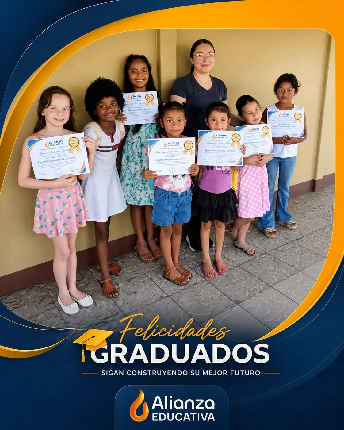 Niñas graduadas con su profesora y certificados